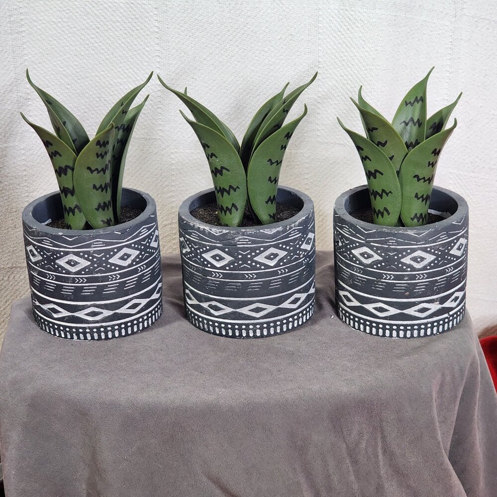 Old East Main Faux Green Plant in Ceramic Gray Tribal Print Pot Set of 3 4"Wx9"H